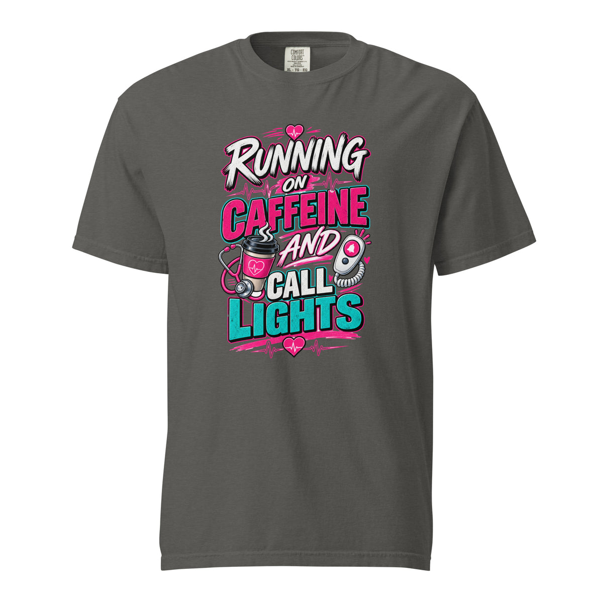 Running on Caffeine and Call Lights nurse t-shirt in pepper, front view