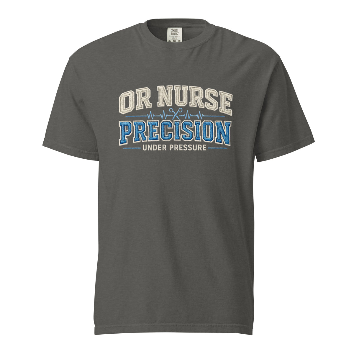 OR Nurse Precision Under Pressure operating room t-shirt in pepper, front view