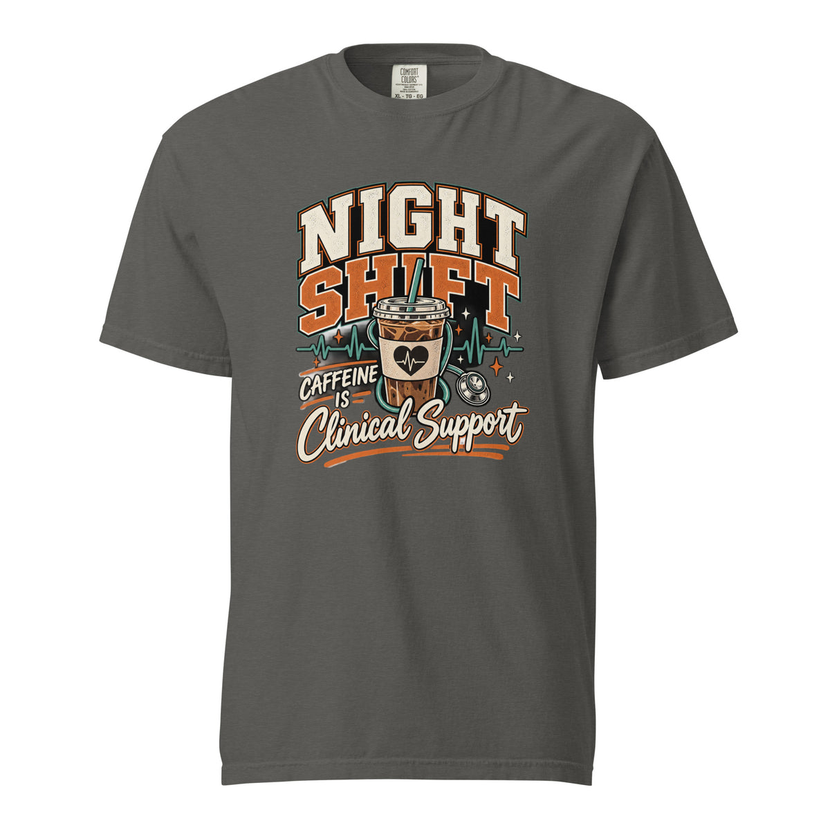 Night Shift Nurse Caffeine Is Clinical Support t-shirt in pepper, front view
