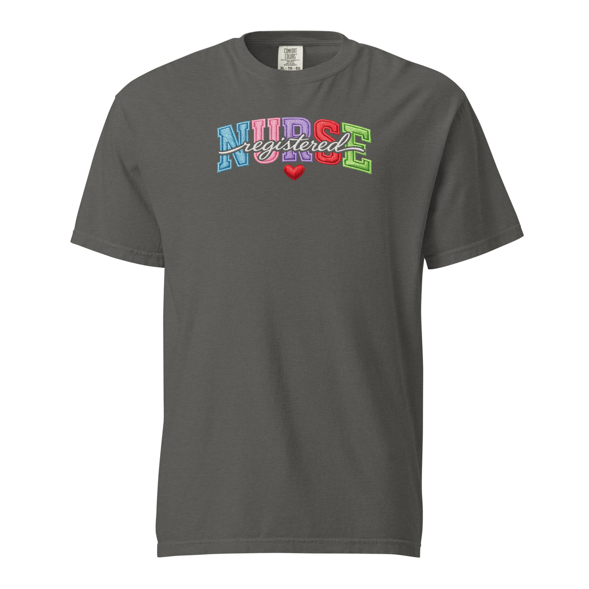Registered Nurse faux embroidered varsity RN t-shirt in pepper, front view
