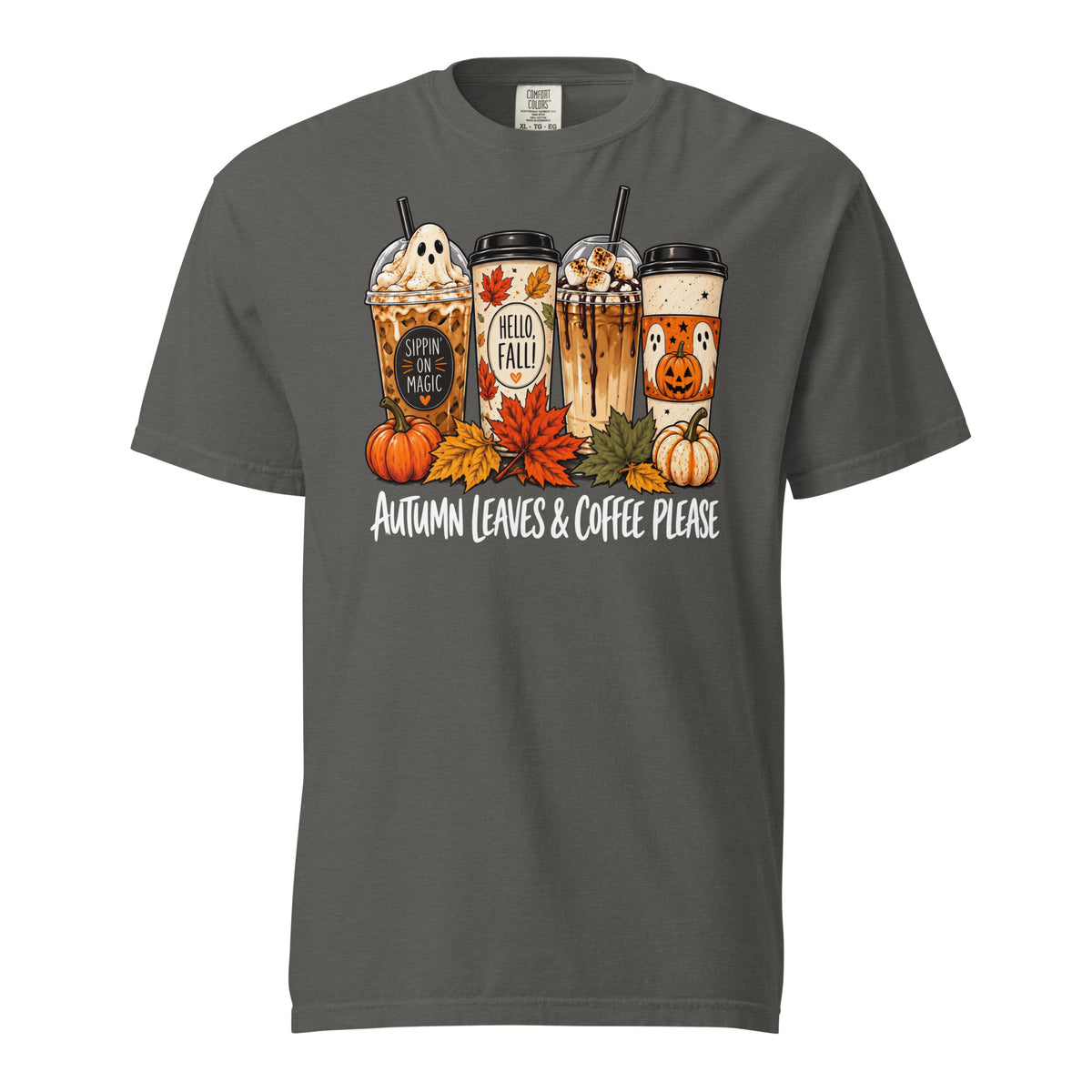 Autumn Leaves and Coffee Please fall coffee t-shirt in pepper, front view