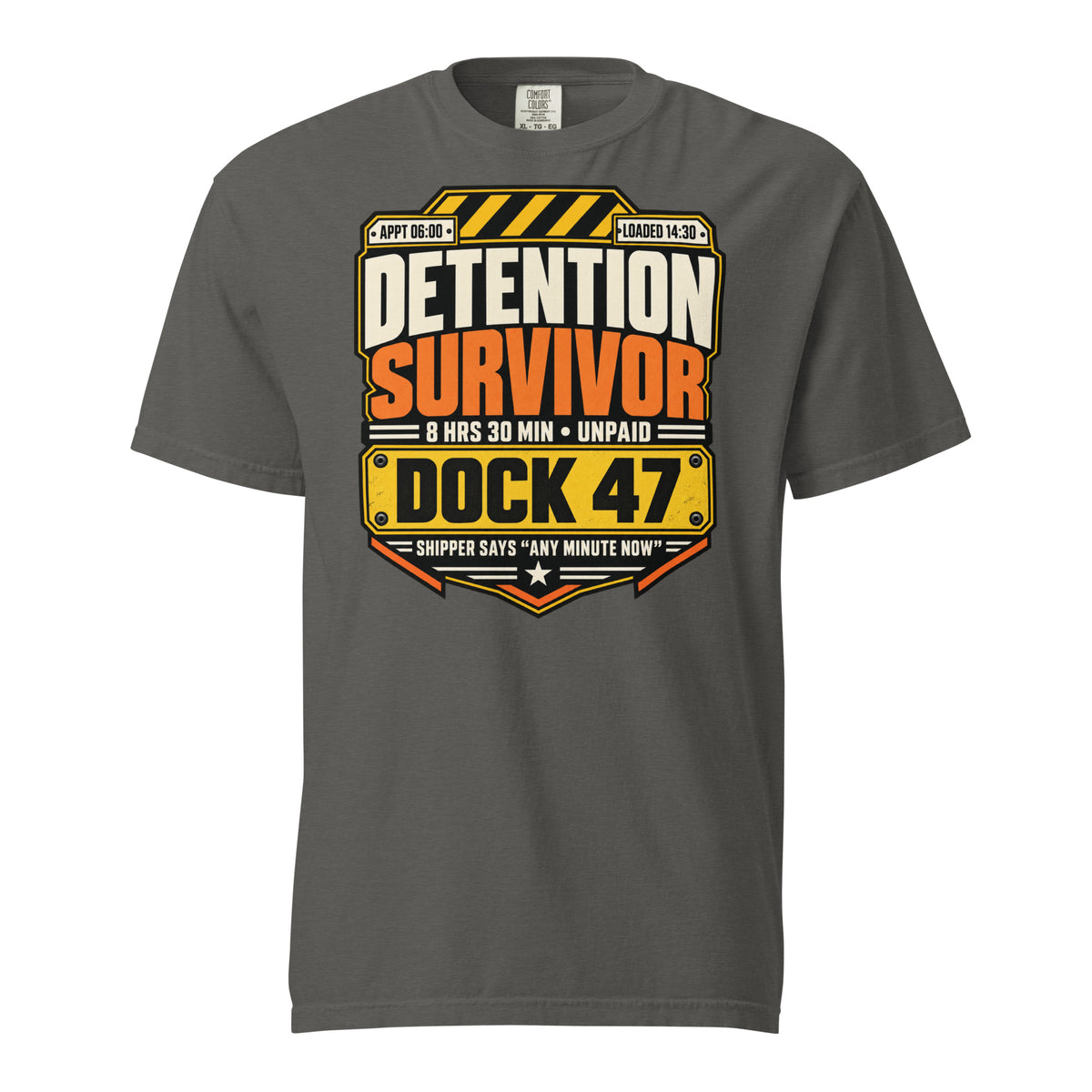 Pepper charcoal gray Comfort Colors T-shirt featuring Detention Survivor loading dock humor and unpaid waiting time graphic.