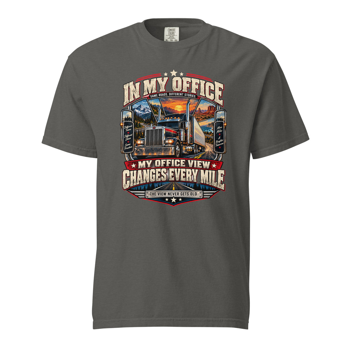 Pepper gray trucker T-shirt featuring a scenic semi truck graphic and My Office View Changes Every Mile slogan