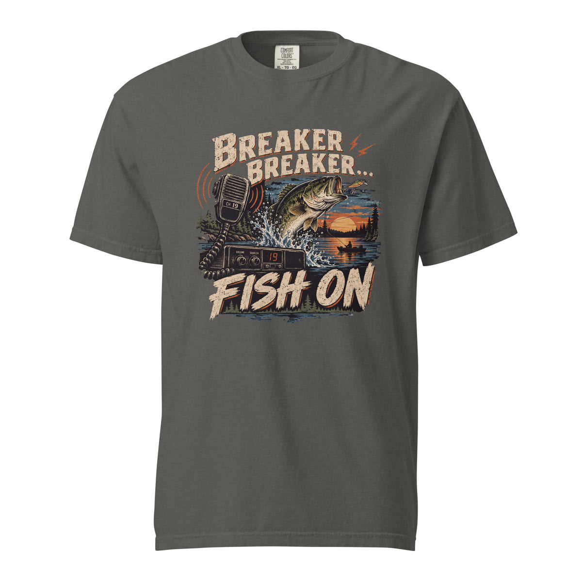Pepper gray bass fishing graphic T-shirt with Breaker Breaker Fish On text, leaping bass and CB radio