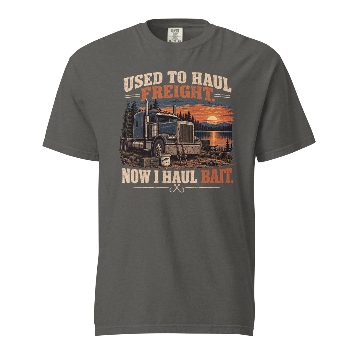 Pepper gray trucker retirement graphic T-shirt featuring a blue semi-truck beside a lake and fishing-themed slogan