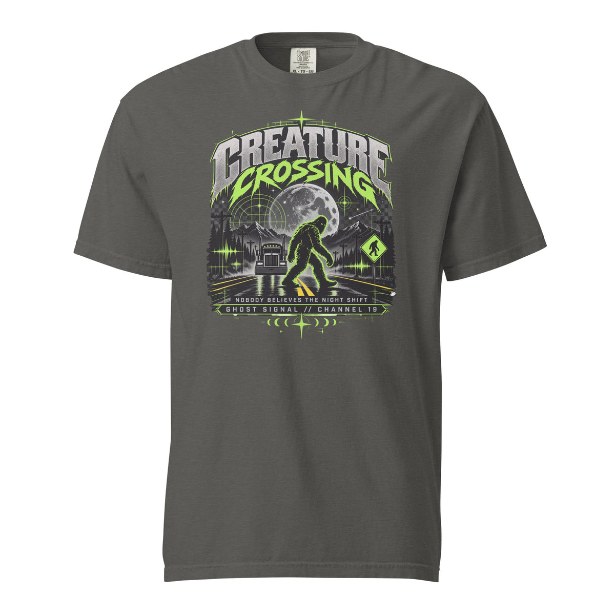 Pepper gray Bigfoot trucker T-shirt featuring Sasquatch, full moon and Creature Crossing graphic