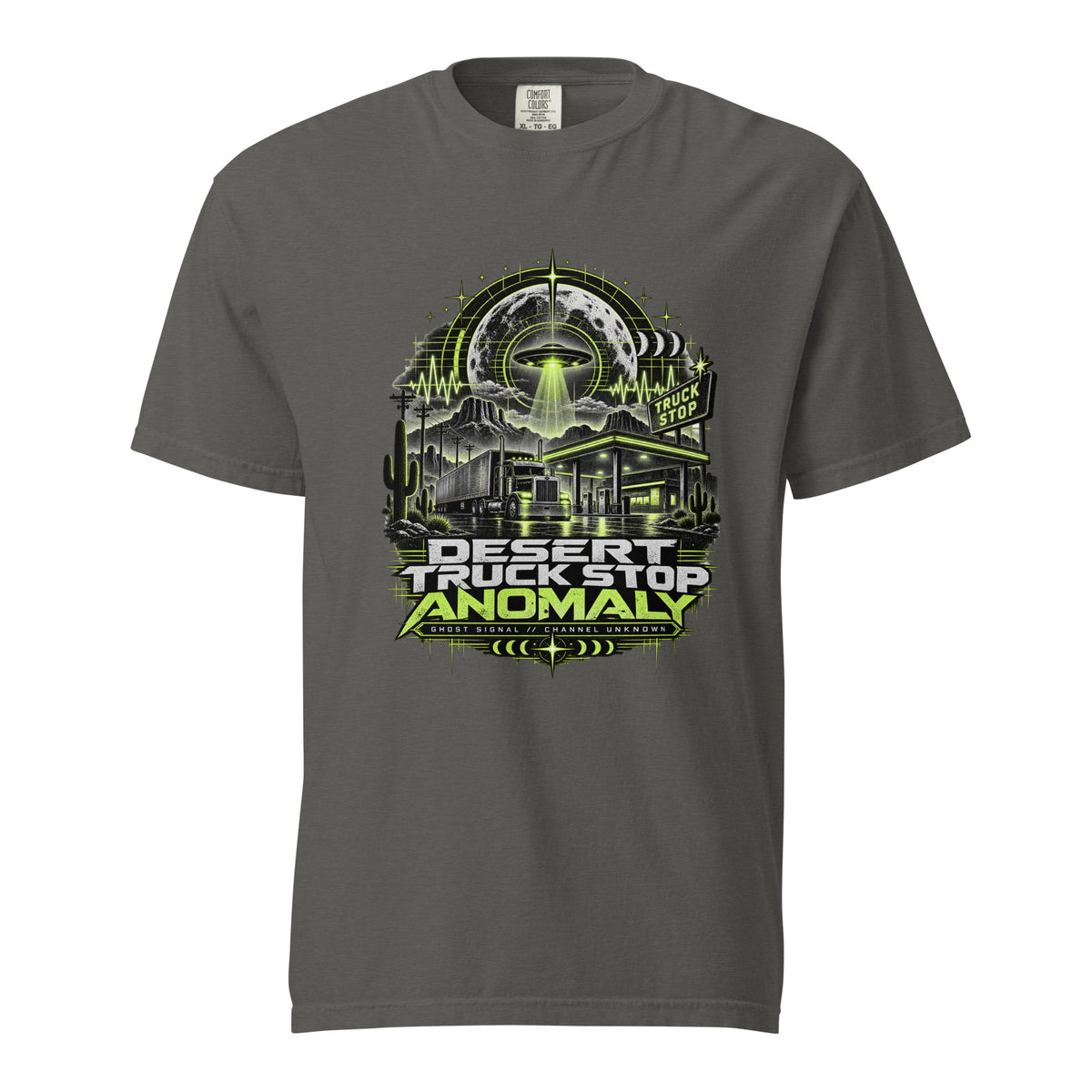Pepper Gray UFO trucker graphic T-shirt featuring a neon-green flying saucer above a desert truck stop and semi-truck.