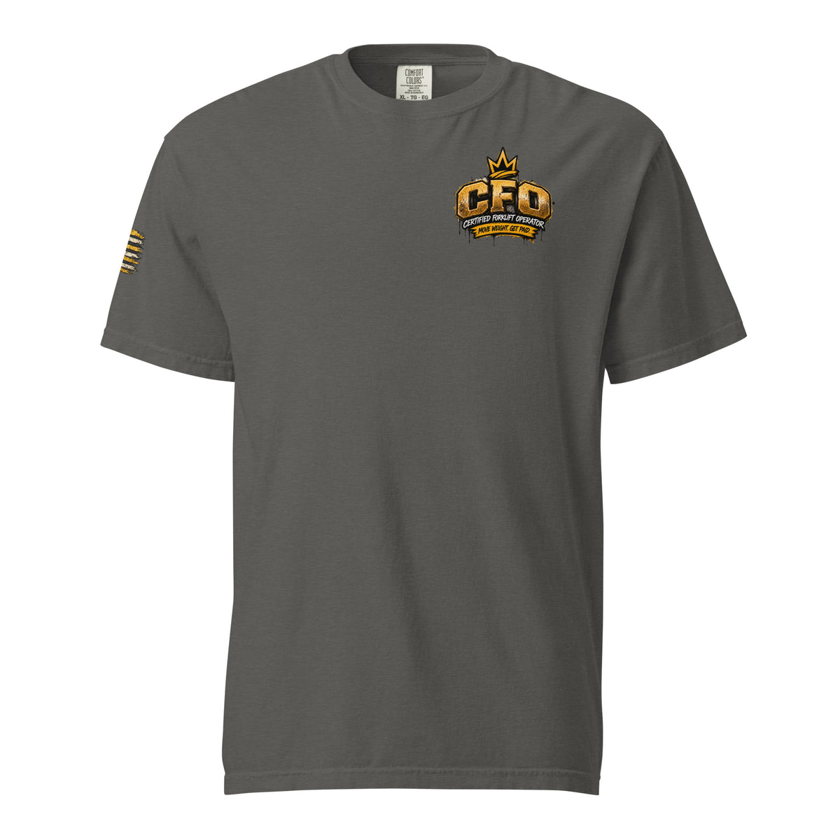 CFO Certified Forklift Operator Flag Sleeve T-shirt in Pepper, front view with chest crown badge and gold flag on sleeve