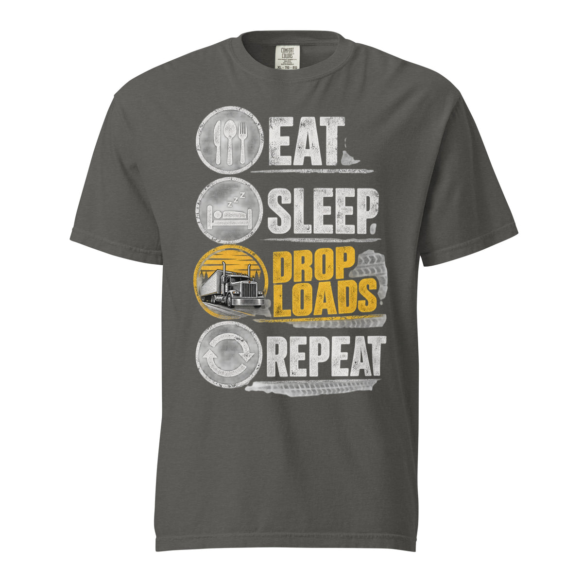 Eat Sleep Drop Loads Repeat trucker T-shirt in Pepper with stacked icon design and yellow semi truck graphic, Comfort Colors 1717