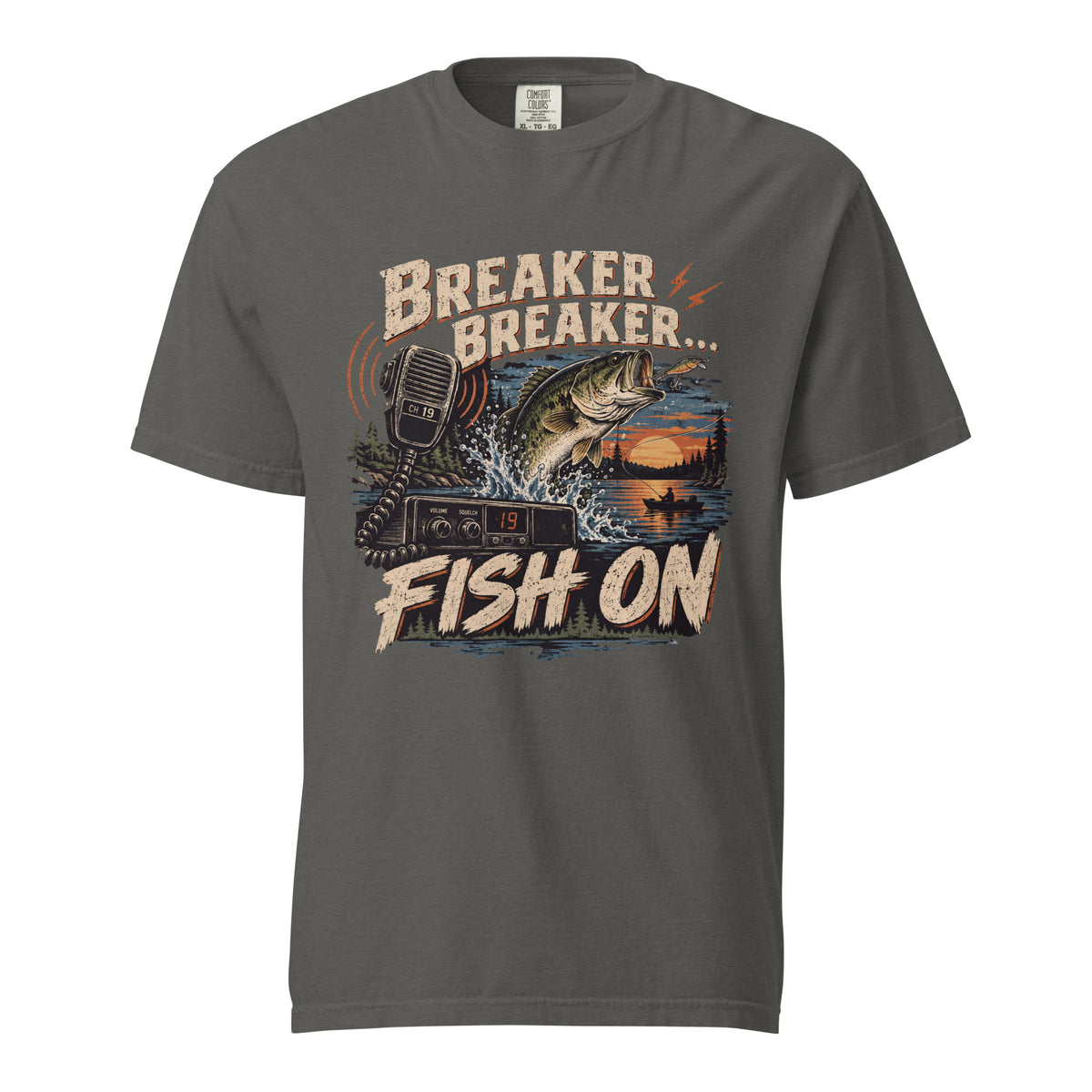Breaker Breaker Fish On trucker fishing T-shirt in Pepper with CB radio and jumping bass sunset graphic, Comfort Colors 1717
