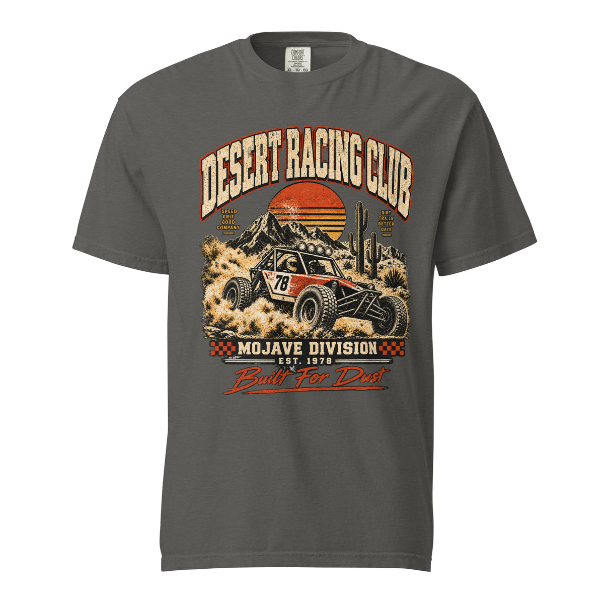 Desert Racing Club Mojave Division T-shirt in Pepper with vintage arched lettering, retro sunset and #78 off-road buggy graphic, Comfort Colors 1717
