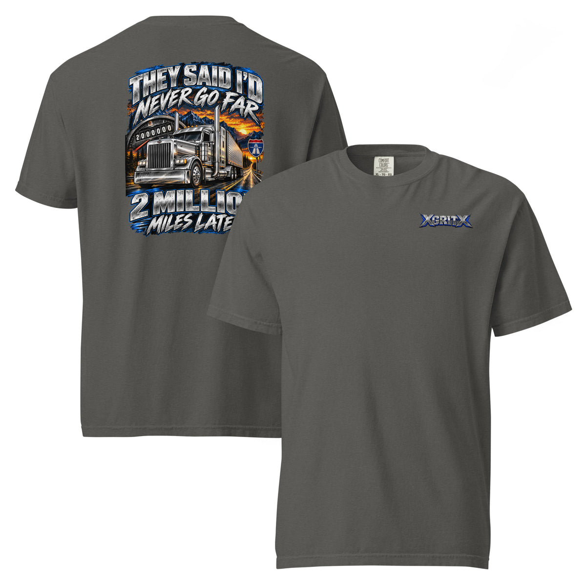 Pepper gray XGRITX trucker T-shirt with chest logo and 2 Million Miles Later semi-truck back graphic.