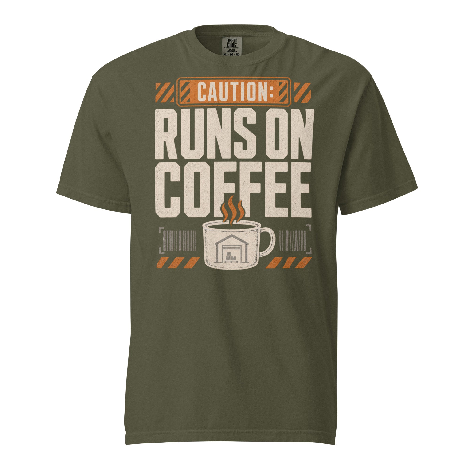 Caution Runs on Coffee warehouse worker heavyweight T-shirt in sage, front view