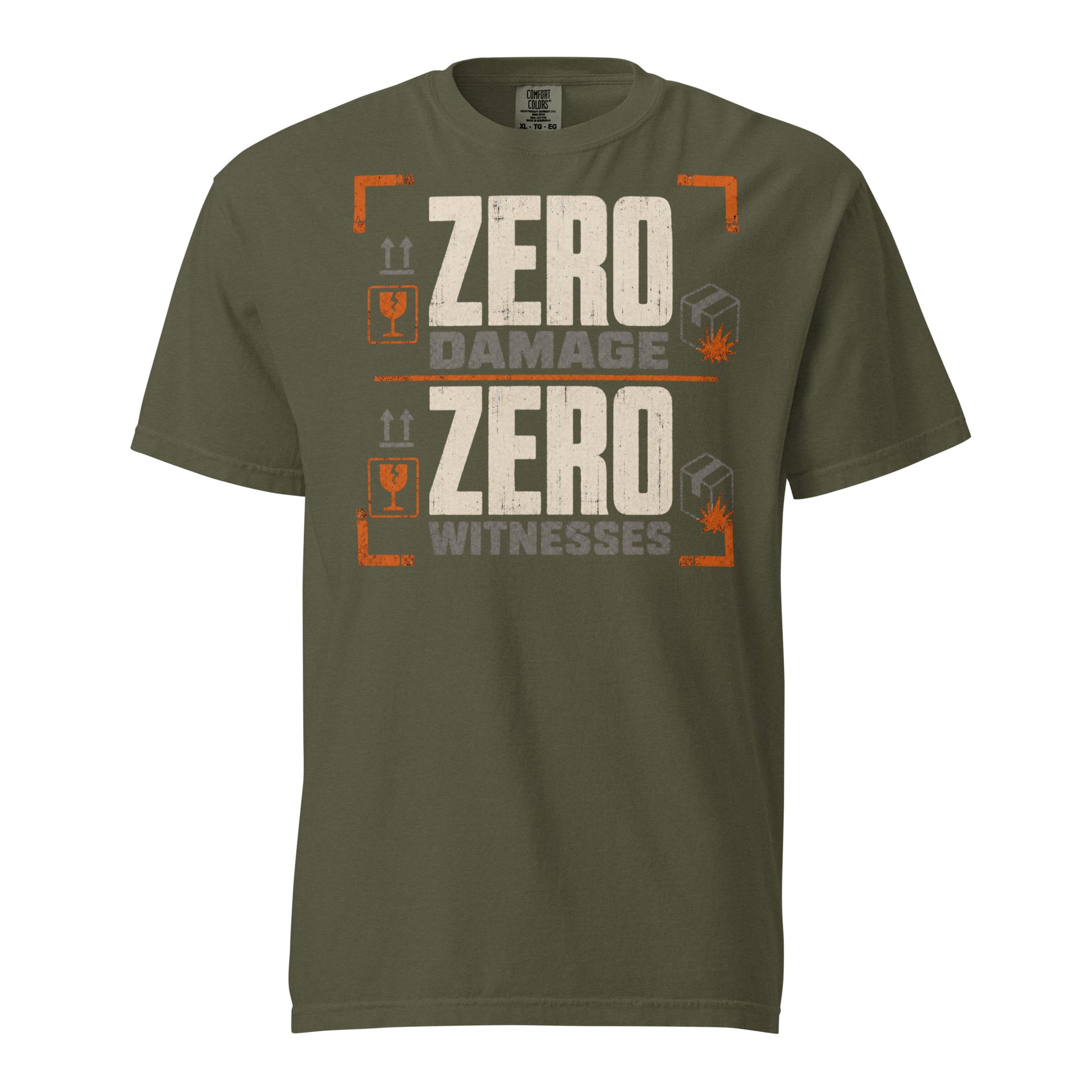 Zero Damage Zero Witnesses warehouse humor heavyweight T-shirt in sage, front view