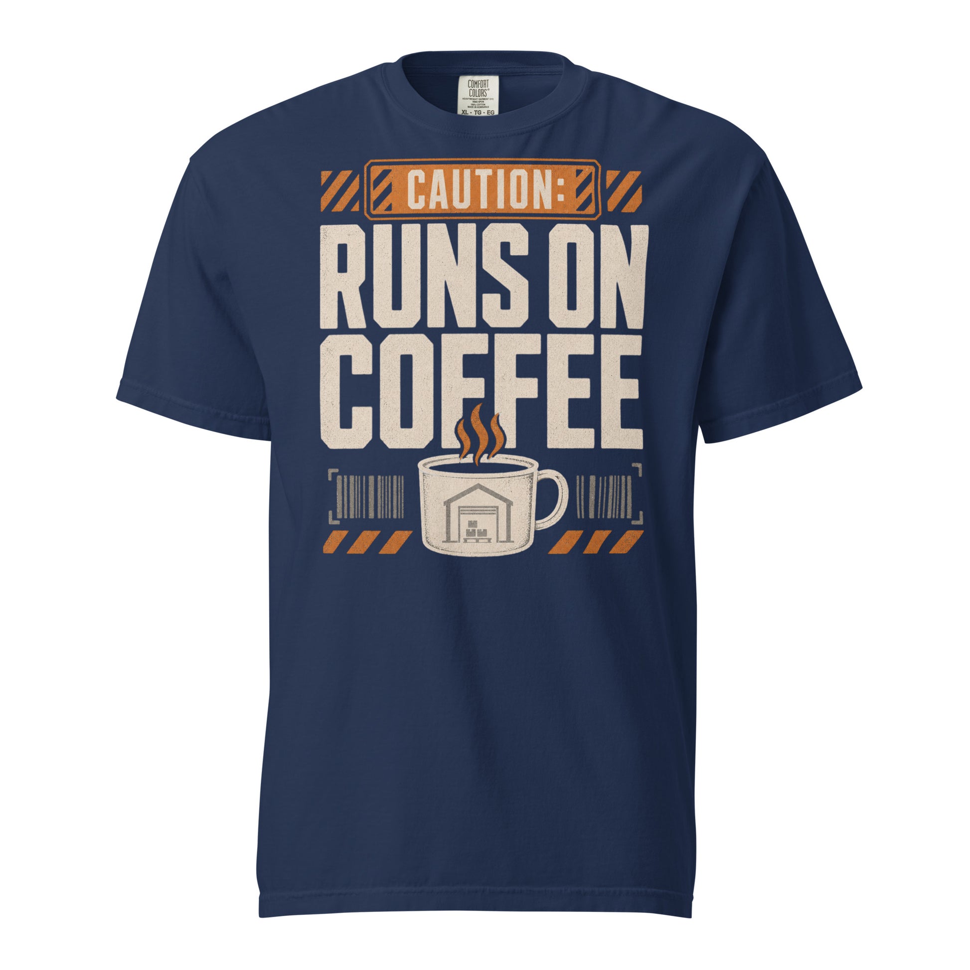 Caution Runs on Coffee warehouse worker heavyweight T-shirt in navy, front view