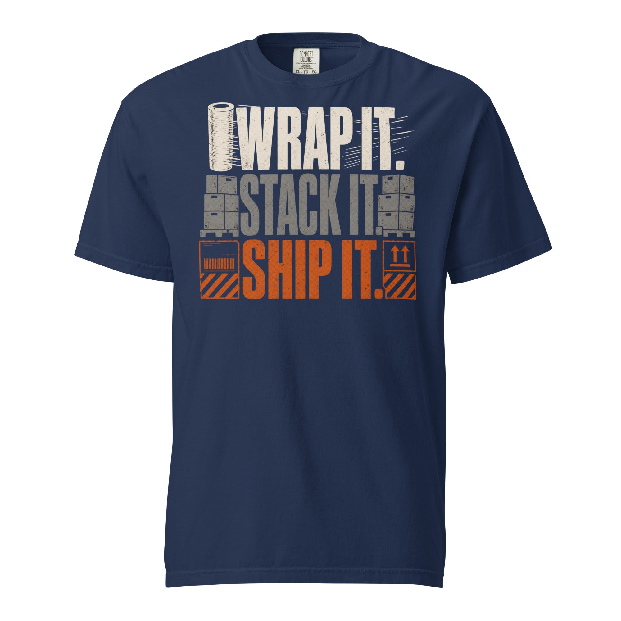 Wrap It Stack It Ship It warehouse worker heavyweight T-shirt in true navy, front view