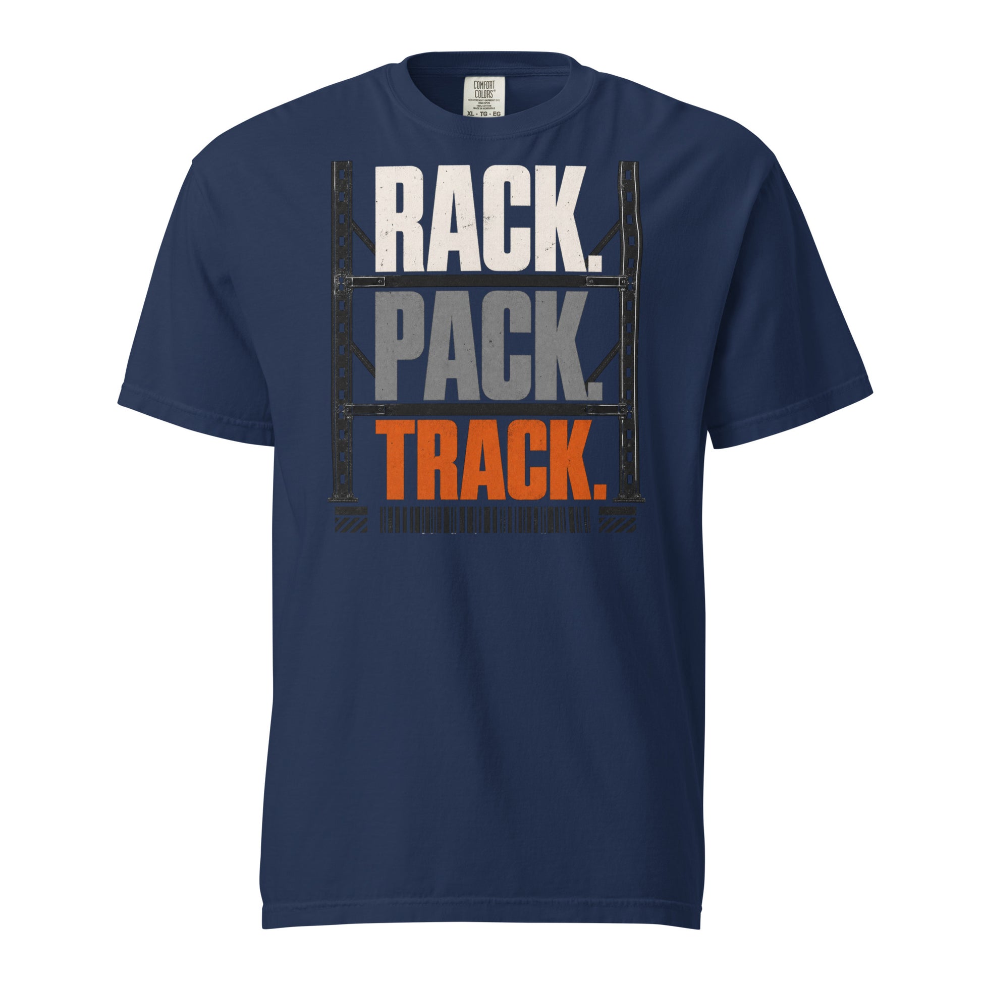 Rack Pack Track warehouse logistics heavyweight T-shirt in true navy, front view