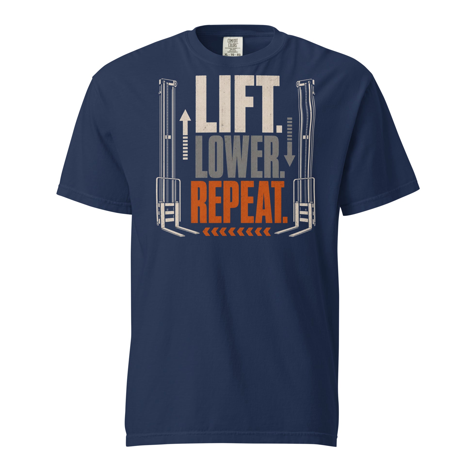Lift Lower Repeat forklift operator heavyweight T-shirt in navy, front graphic view
