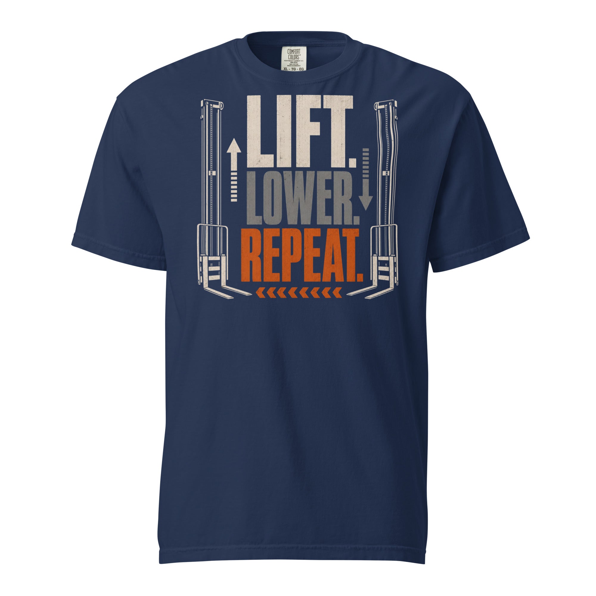 Lift Lower Repeat forklift operator heavyweight T-shirt in navy, front graphic view