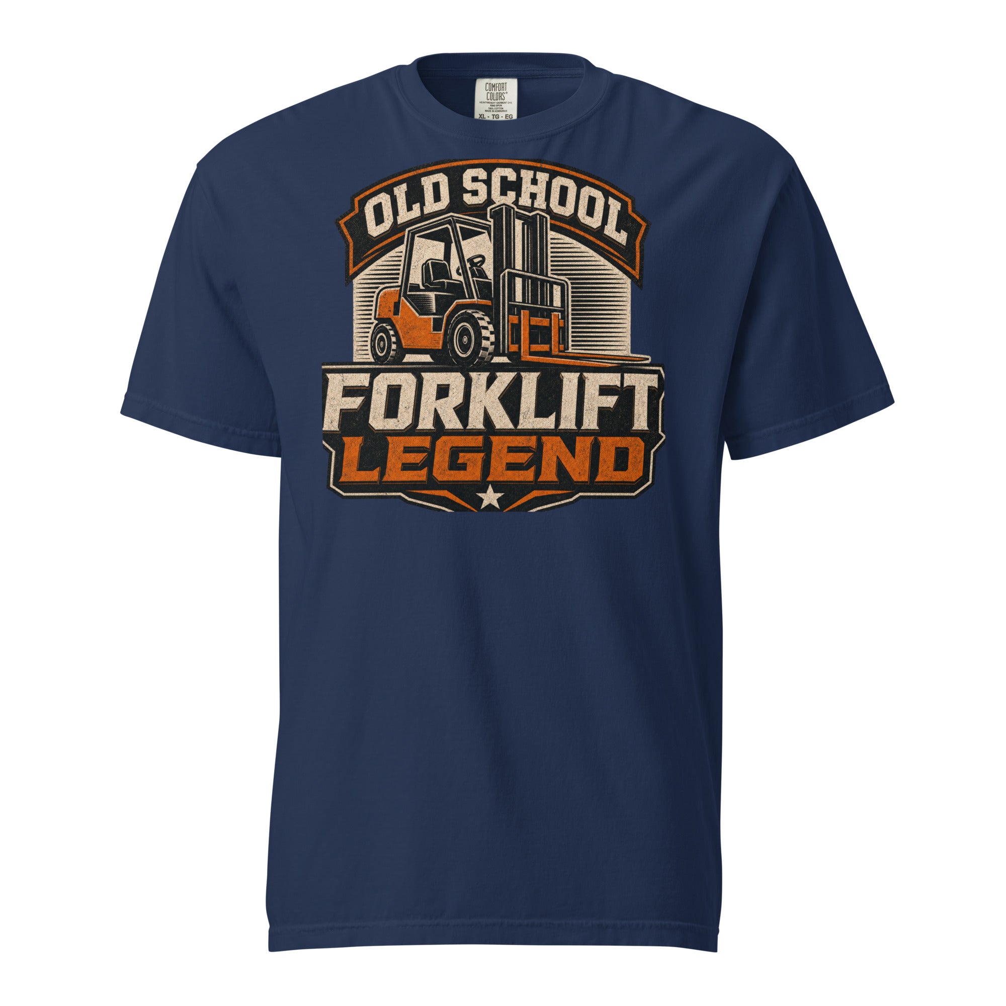 Old School Forklift Legend heavyweight T-shirt in true navy for forklift operators, front view
