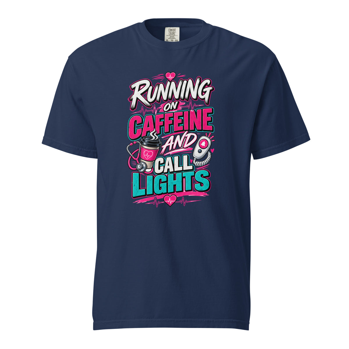 Running on Caffeine and Call Lights nurse t-shirt in true navy, front view