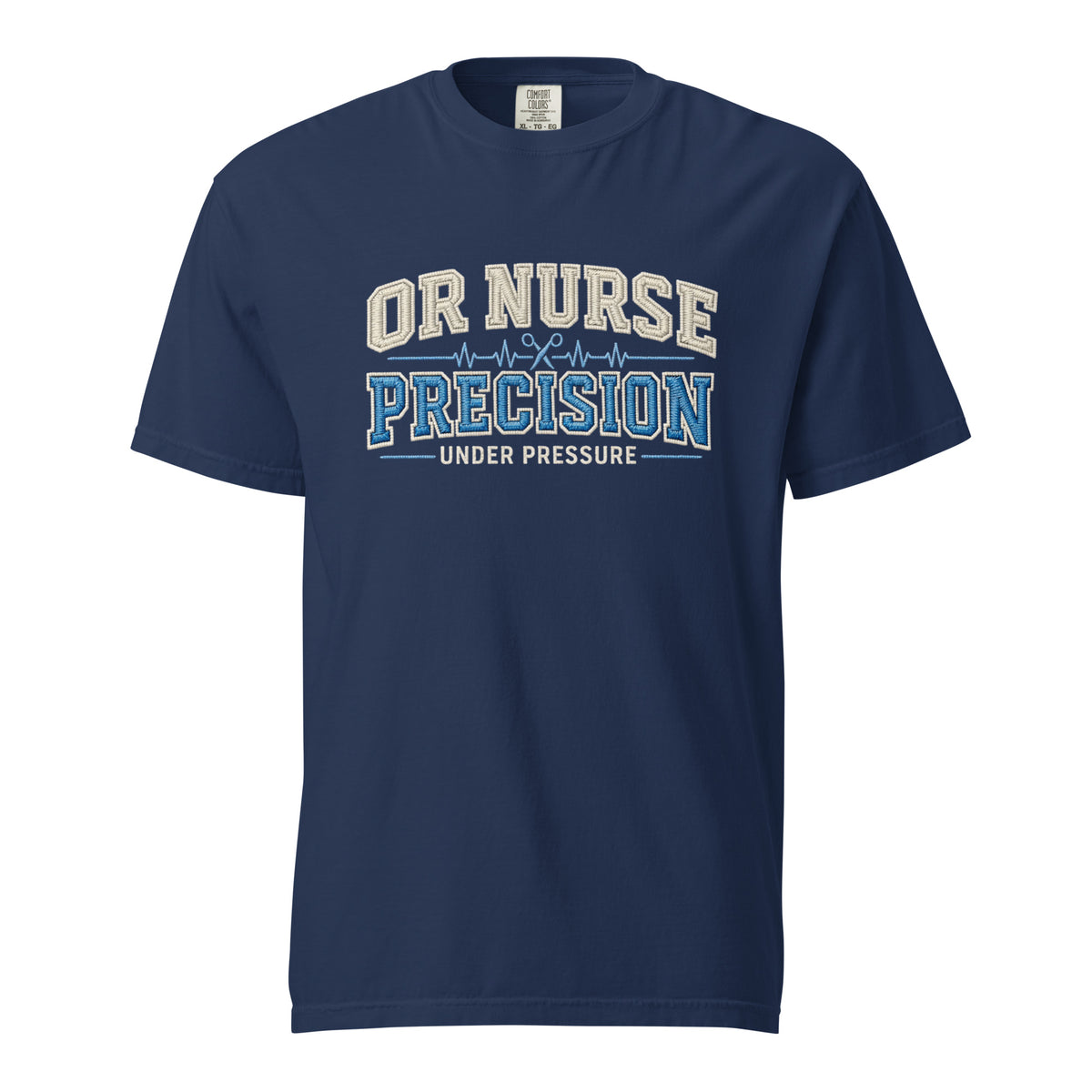 OR Nurse Precision Under Pressure operating room t-shirt in true navy, front view
