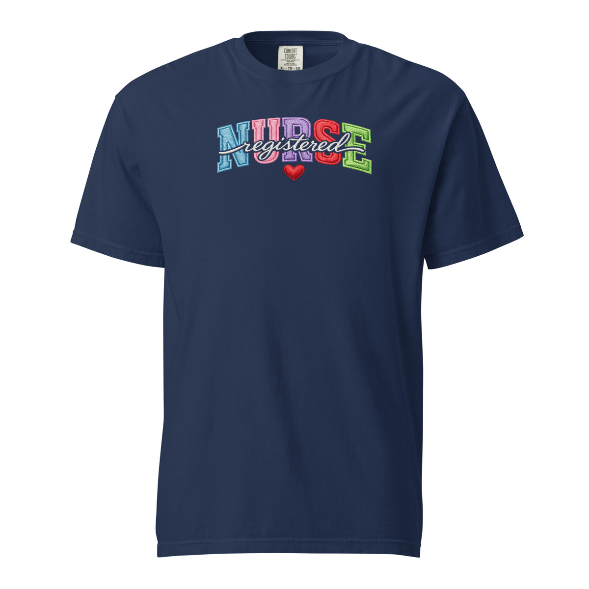 Registered Nurse faux embroidered varsity RN t-shirt in true navy, front view