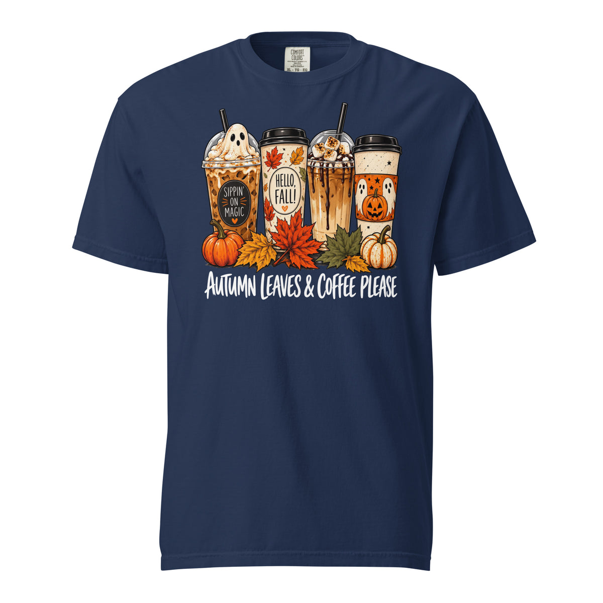 Autumn Leaves and Coffee Please fall coffee t-shirt in true navy, front view
