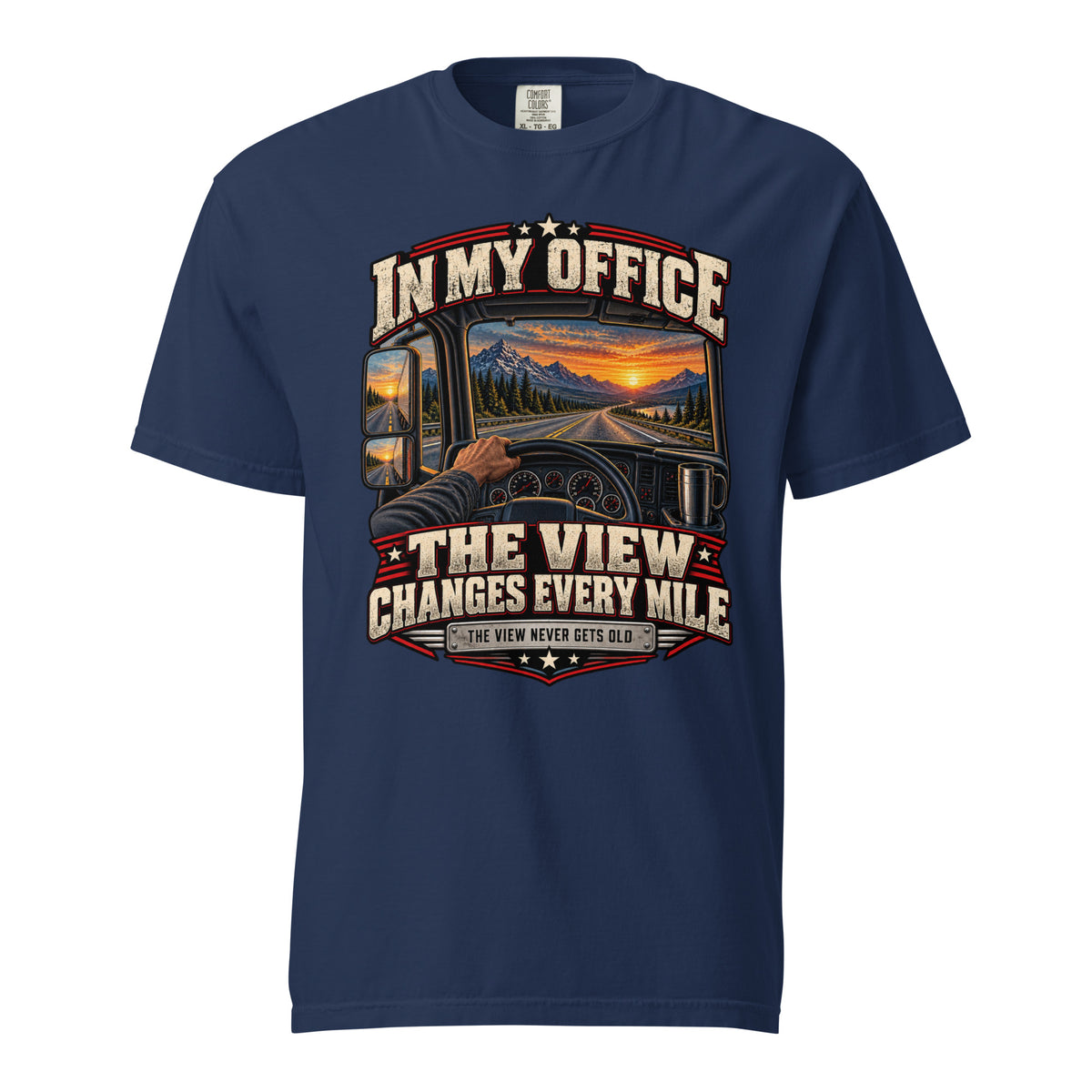 True Navy Comfort Colors heavyweight t-shirt with In My Office The View Changes Every Mile mountain sunset trucker graphic, front view