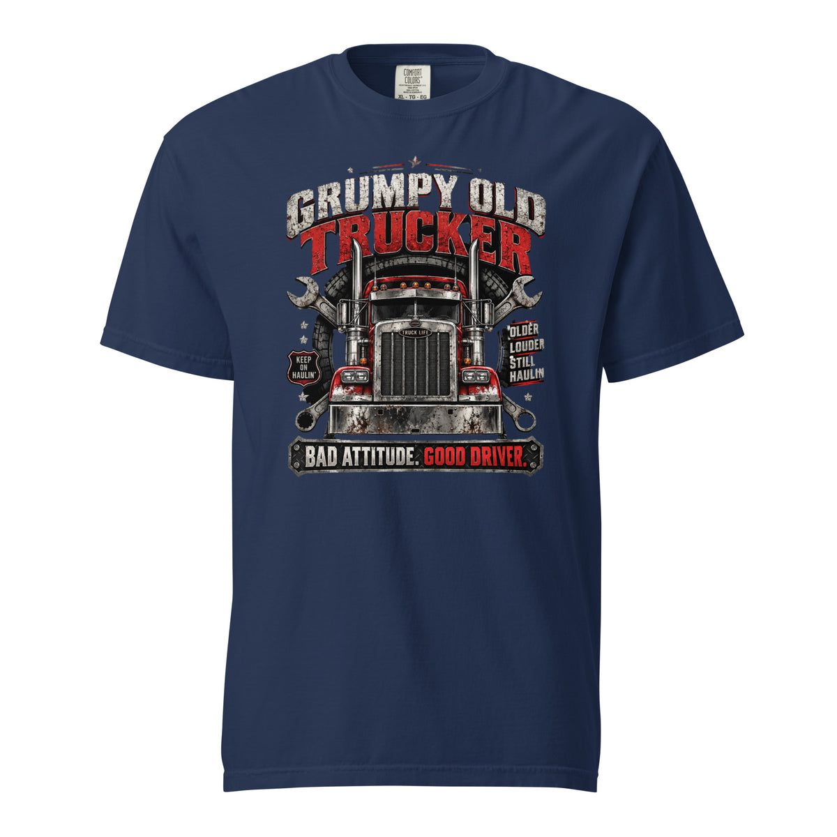 True Navy Comfort Colors heavyweight t-shirt with Grumpy Old Trucker Bad Attitude Good Driver red semi truck graphic, front view