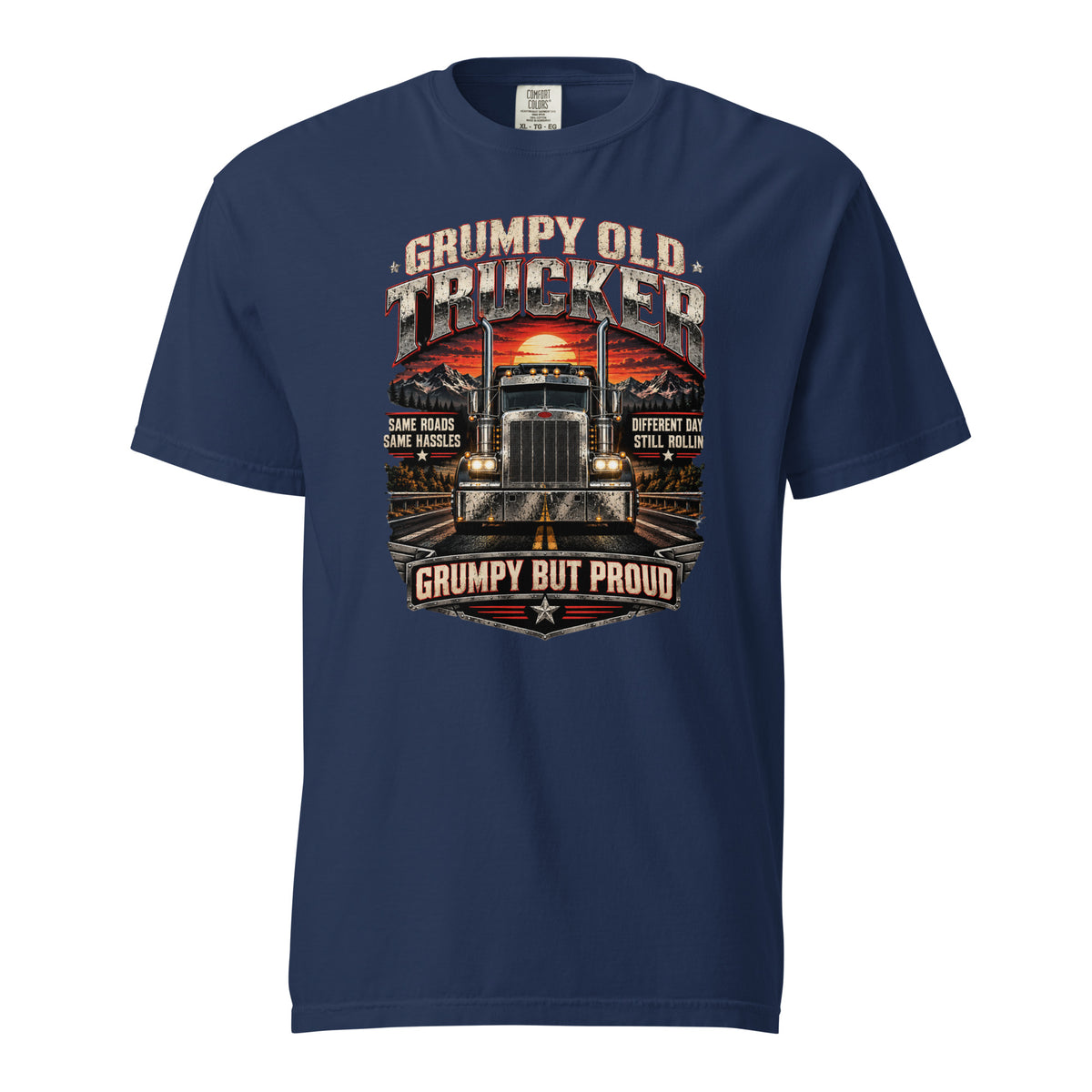 Grumpy Old Trucker Comfort Colors 1717 True Navy T-shirt with vintage semi-truck sunset graphic and Grumpy But Proud slogan.