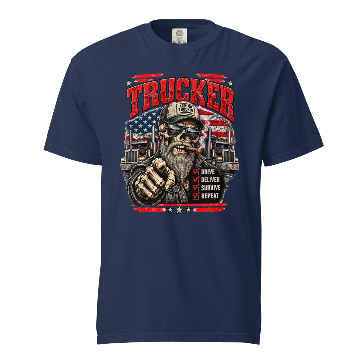 True Navy trucker T-shirt featuring skeleton trucker, patriotic flag background and red TRUCKER lettering