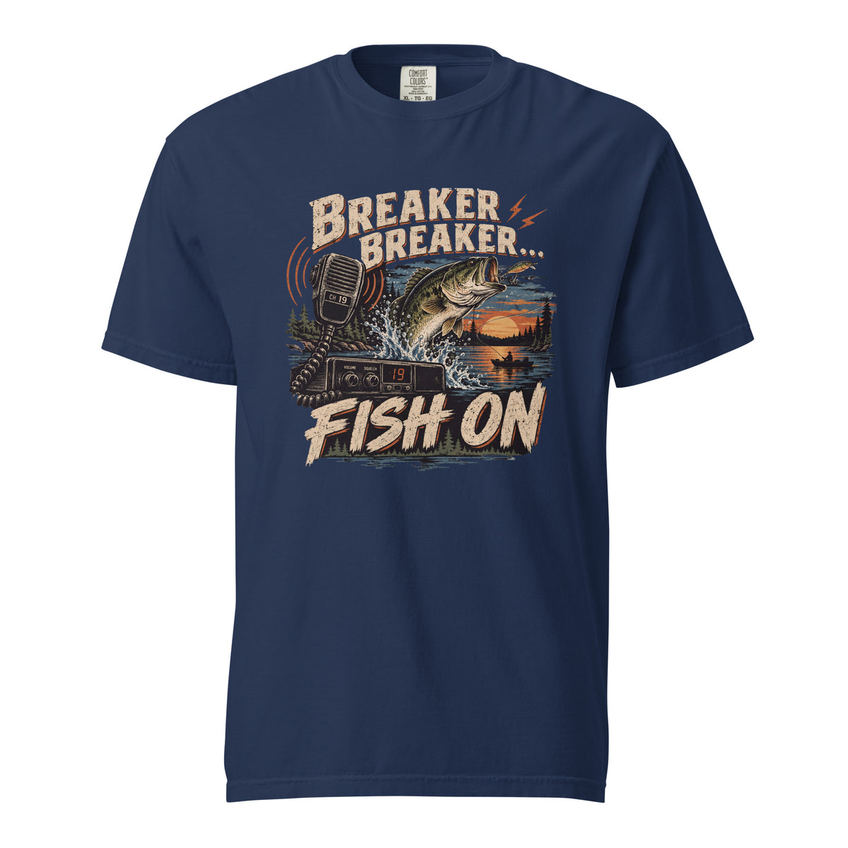 True Navy Breaker Breaker Fish On fishing T-shirt showing a largemouth bass, CB microphone and lake sunset