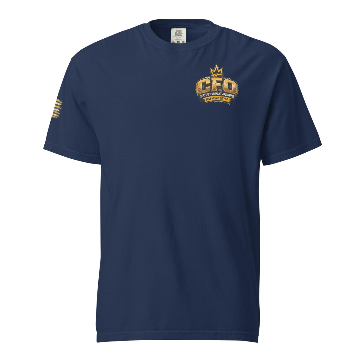CFO Certified Forklift Operator Flag Sleeve T-shirt in True Navy, front view with chest crown badge and gold flag on sleeve