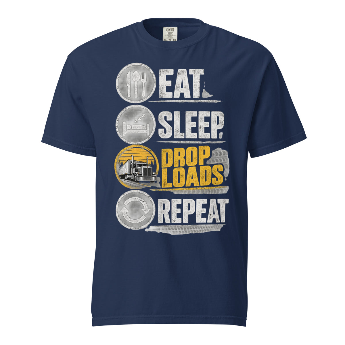Eat Sleep Drop Loads Repeat trucker T-shirt in True Navy with stacked icon design and yellow semi truck graphic, Comfort Colors 1717