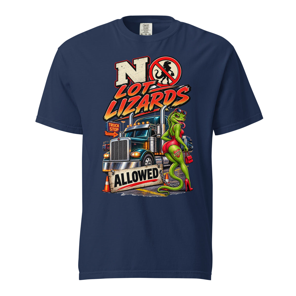 No Lot Lizards Allowed trucker T-shirt in True Navy with cartoon lizard, chrome semi truck and truck stop sign graphic, Comfort Colors 1717