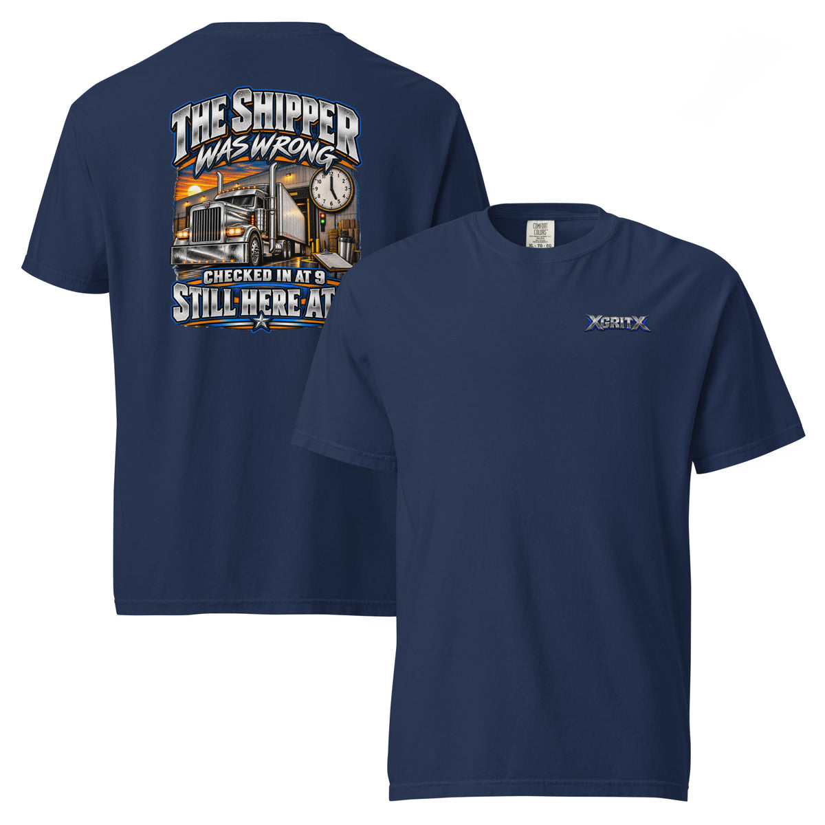 True Navy XGRITX trucker shirt showing chest logo and silver semi-truck with clock on the back.