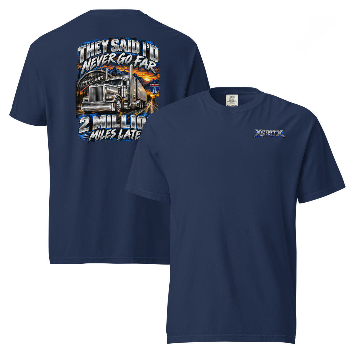 True Navy XGRITX T-shirt with front chest logo and silver semi-truck mountain highway back print.