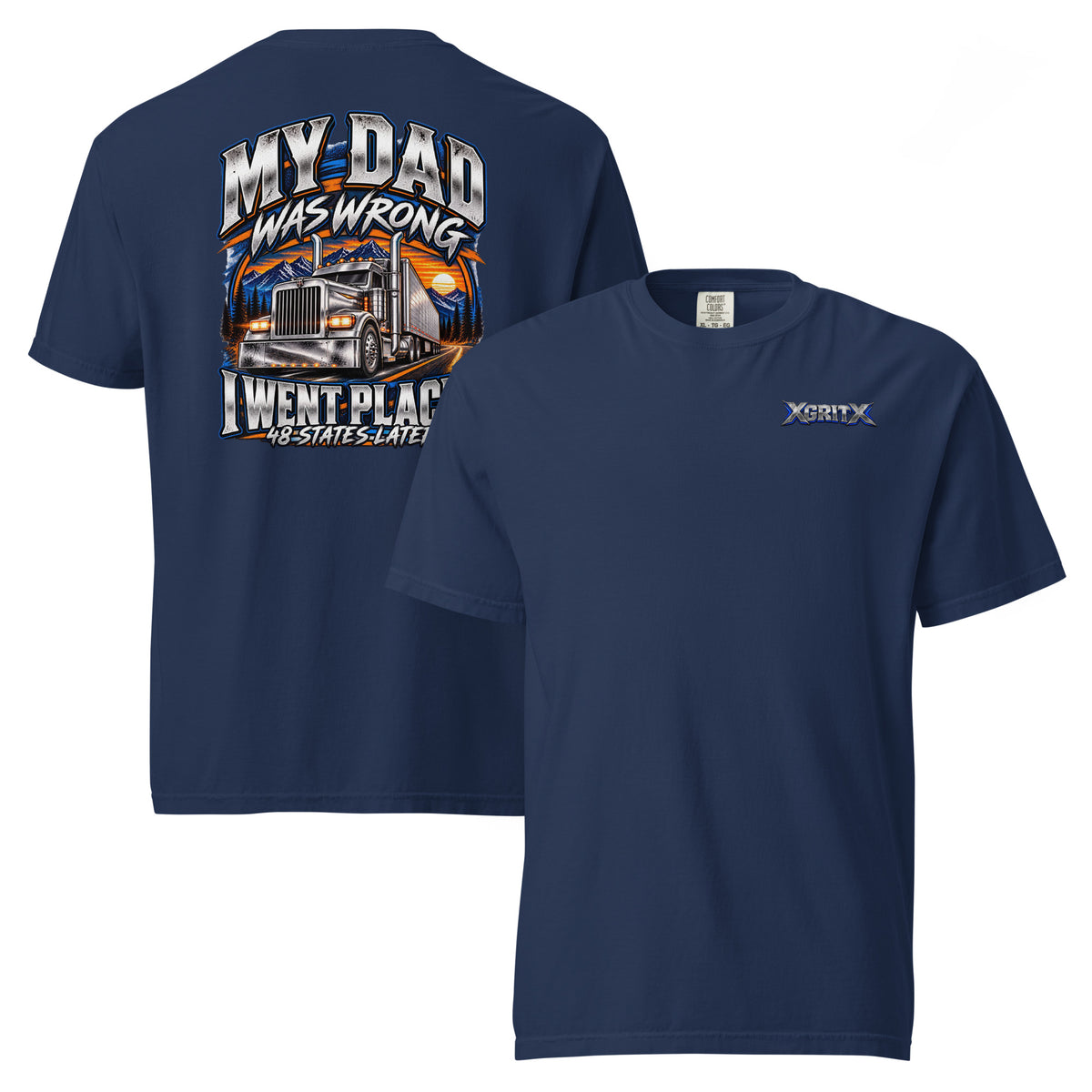 True Navy truck driver T-shirt with XGRITX front logo and 48 States Later silver big rig back design.