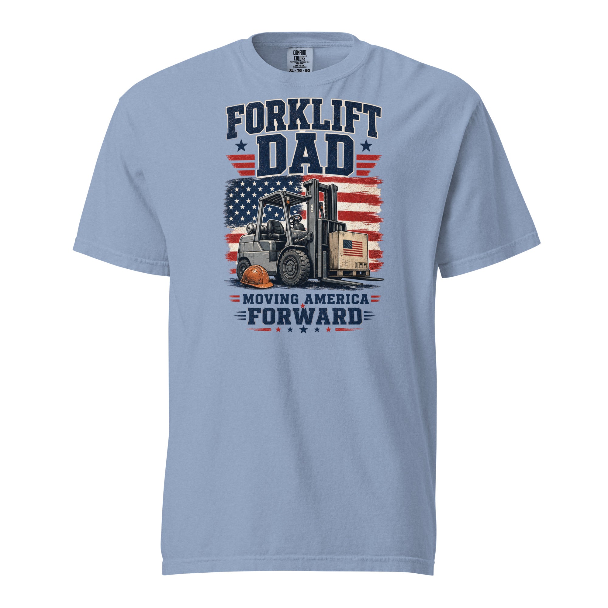 Moving America Forward forklift operator tee in washed denim, front view