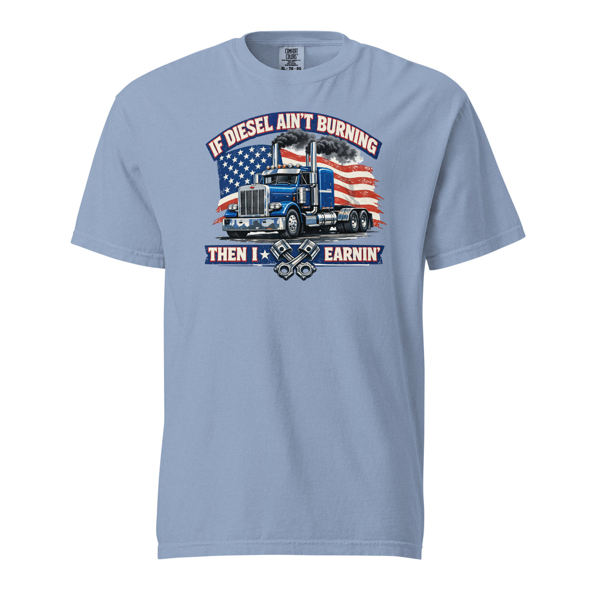 If Diesel Ain't Burning American flag semi truck t-shirt in washed denim, front view