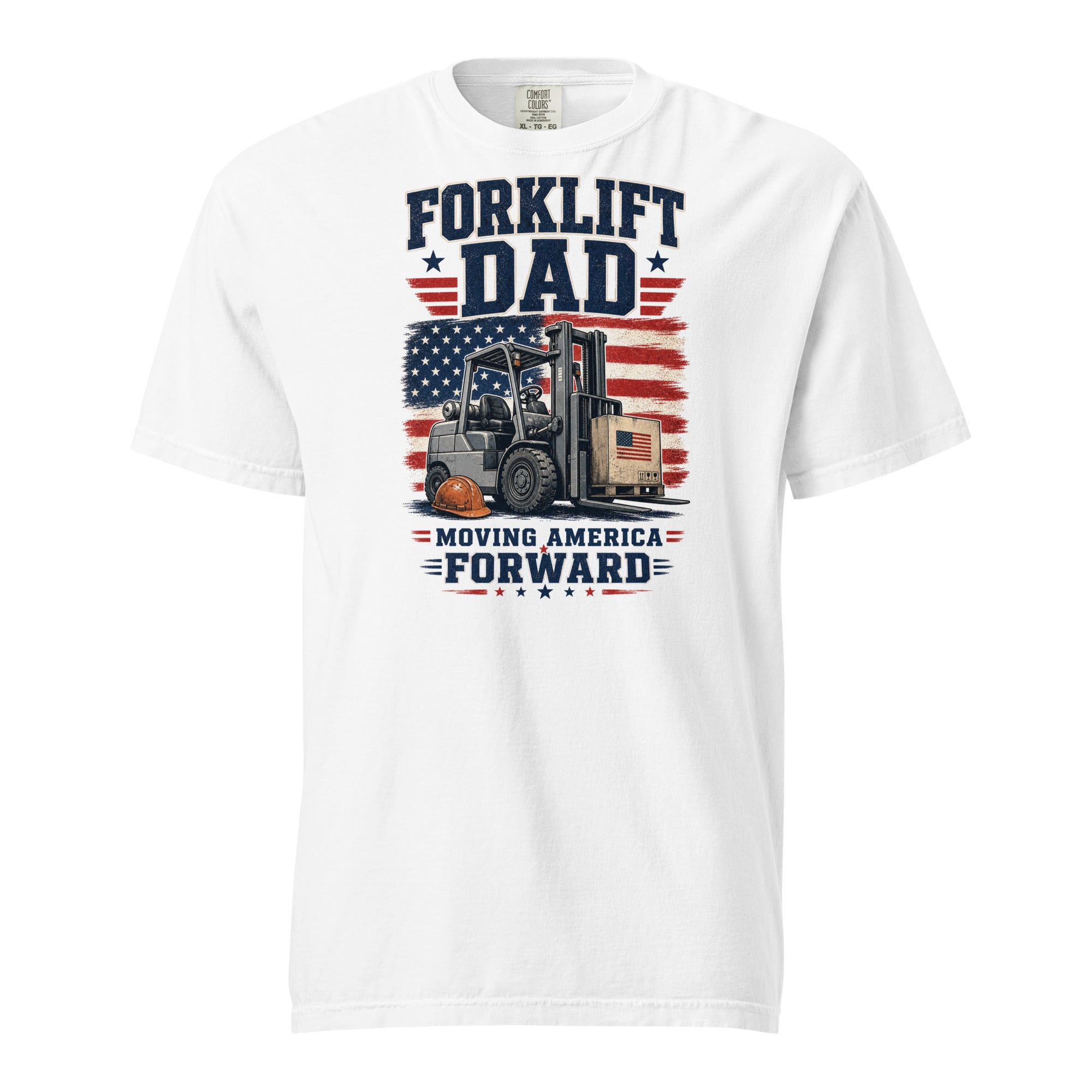 Moving America Forward forklift operator tee in white, front view