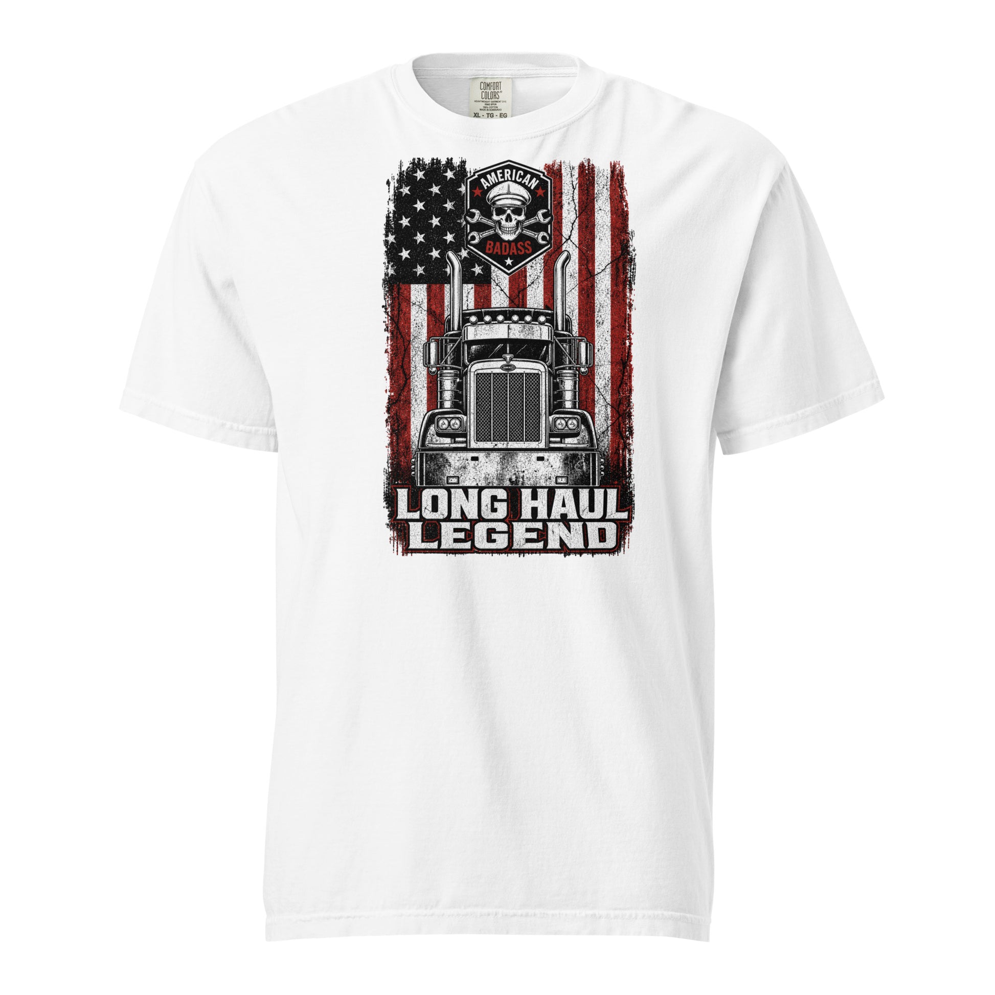 Long Haul Legend trucker tee in white, front view