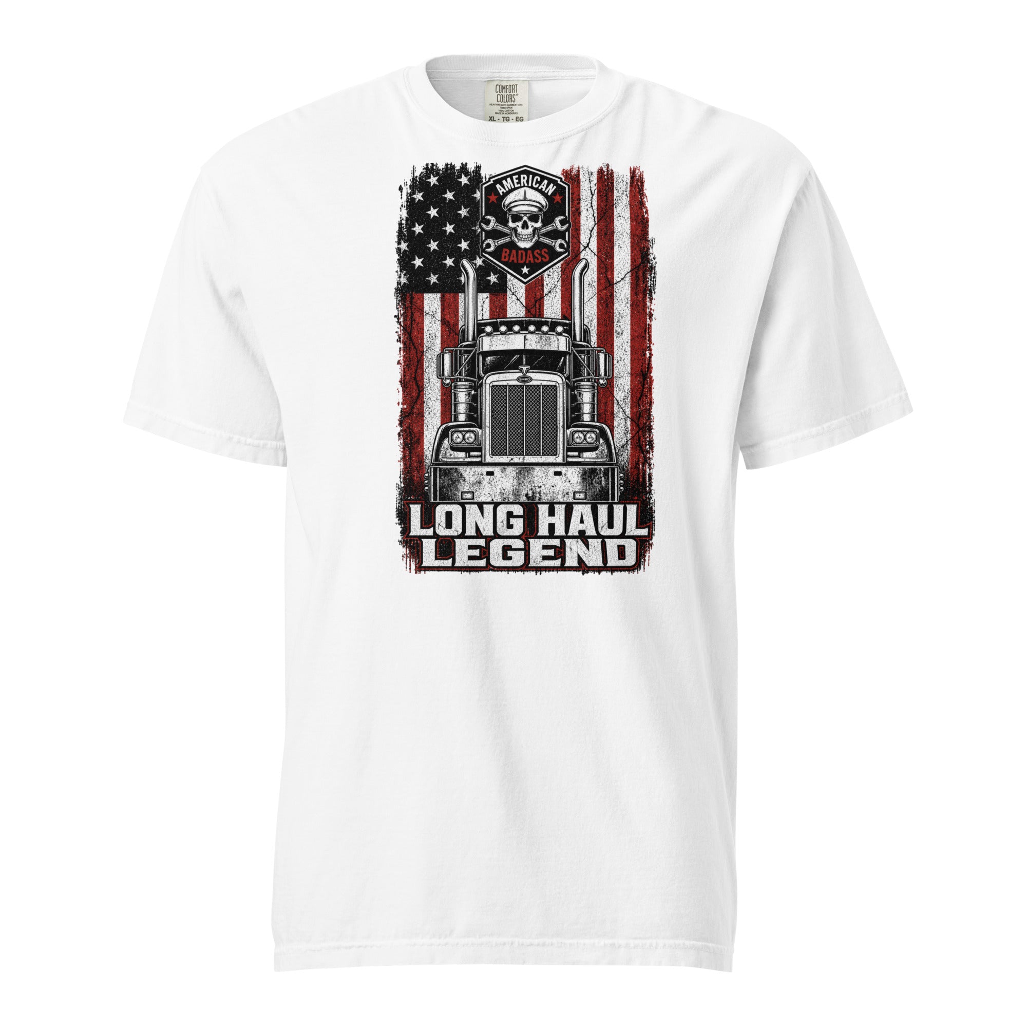 Long Haul Legend trucker tee in white, front view