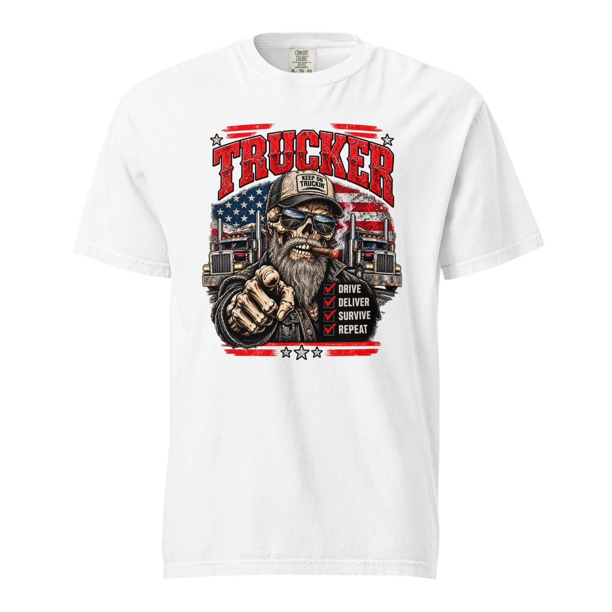 White trucker skull T-shirt with American flag, two semi-trucks and Drive Deliver Survive Repeat graphic