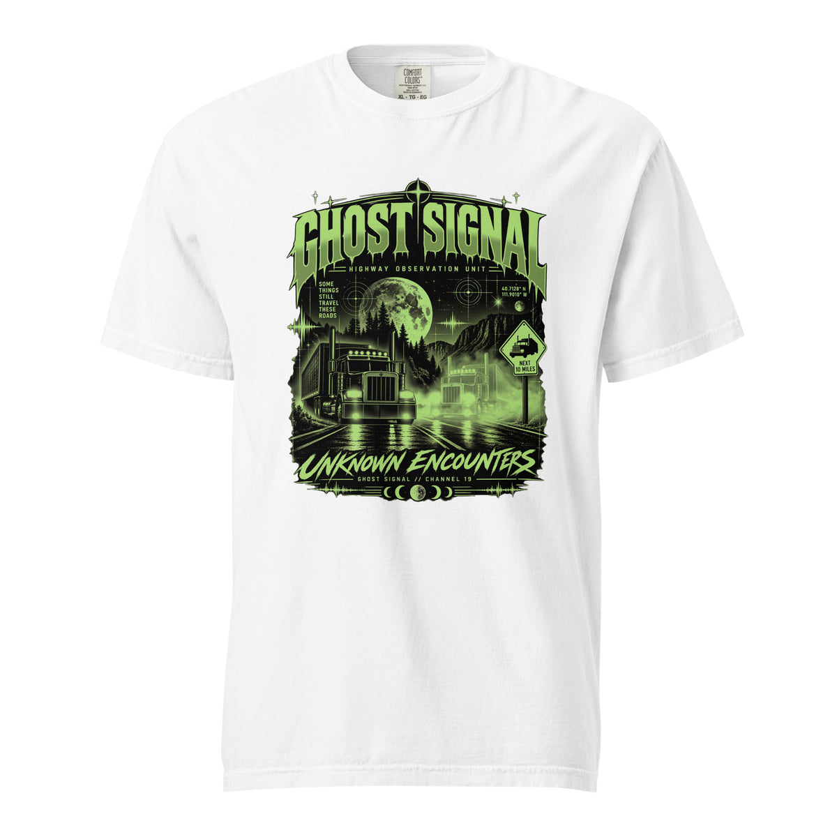 White Ghost Signal Unknown Encounters trucker T-shirt featuring two semi-trucks on a moonlit highway with glowing green paranormal artwork.