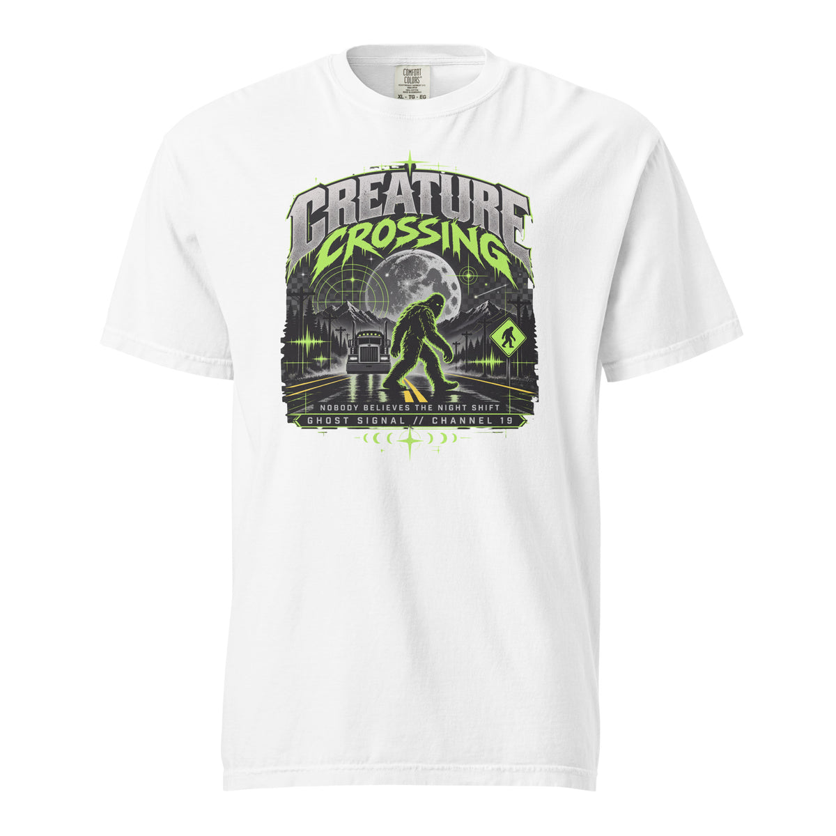 White Creature Crossing T-shirt with Bigfoot crossing a moonlit highway in front of a semi-truck