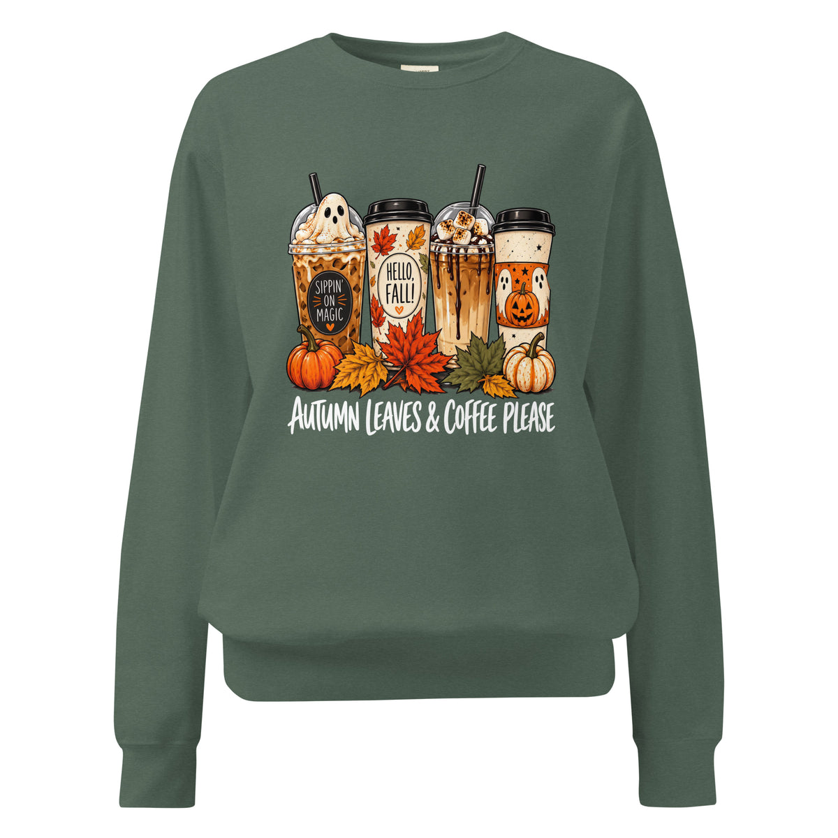Autumn Leaves and Coffee Please crewneck sweatshirt in Blue Spruce with four fall coffee drinks, pumpkins and leaves graphic, Comfort Colors 1566