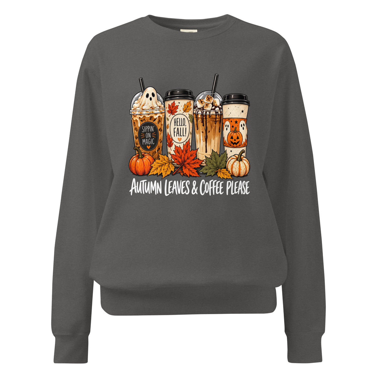 Autumn Leaves and Coffee Please crewneck sweatshirt in Pepper with four fall coffee drinks, pumpkins and leaves graphic, Comfort Colors 1566