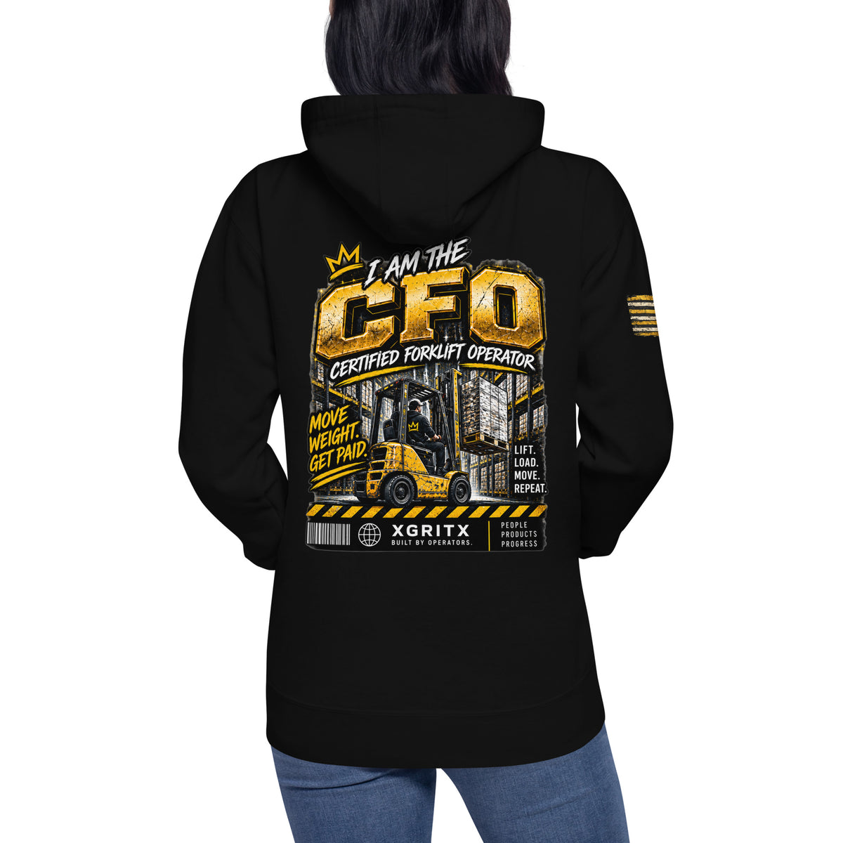 CFO Certified Forklift Operator hoodie in Black, back view with I Am The CFO Move Weight Get Paid forklift print